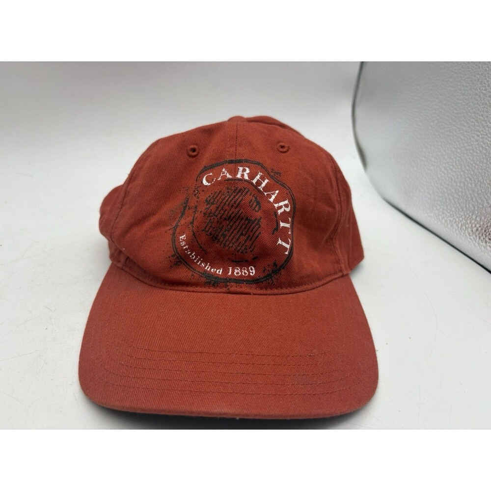 Carhartt Hat Cap Red Adjustable Strapback Distressed Logo Workwear Adult